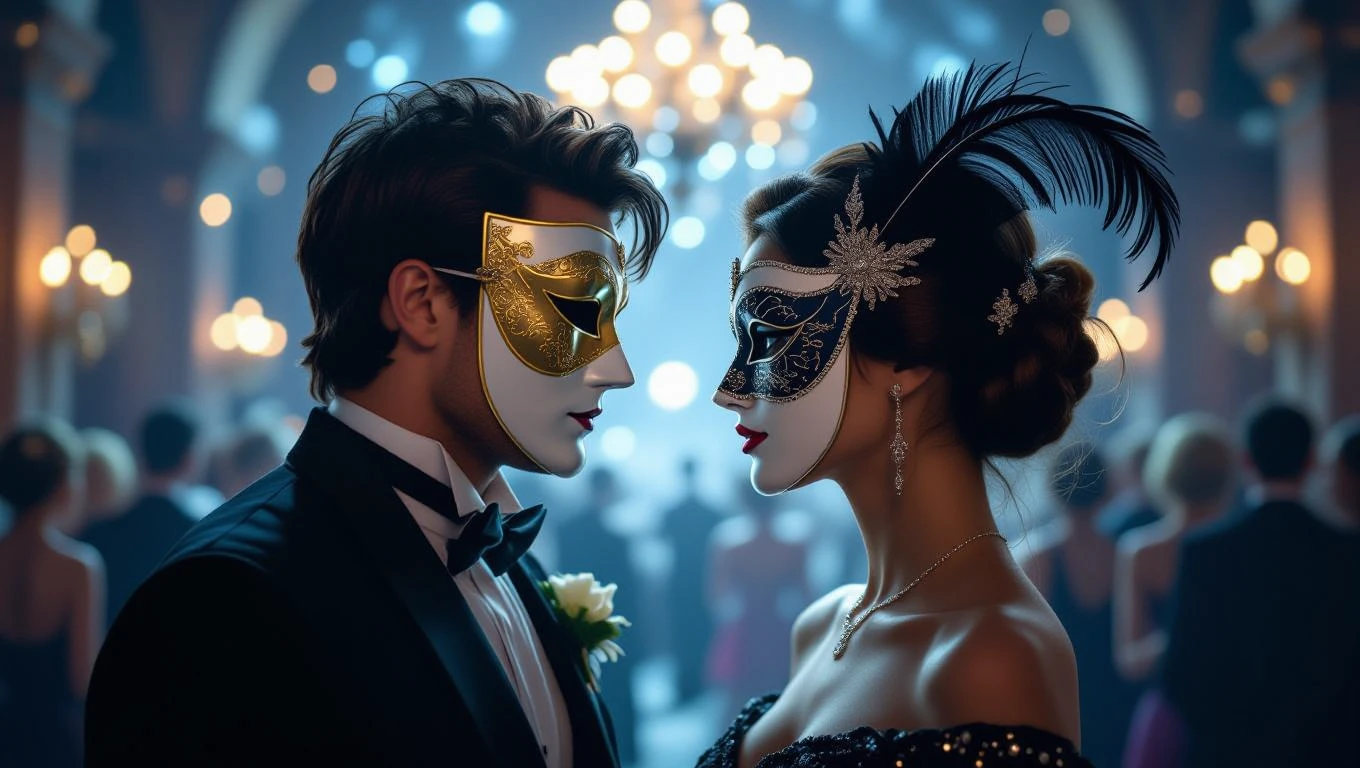 O pereche de tineri purtând măști elegante, privindu-se intens într-un cadru de bal, simbolizând întâlniri și noi începuturi.