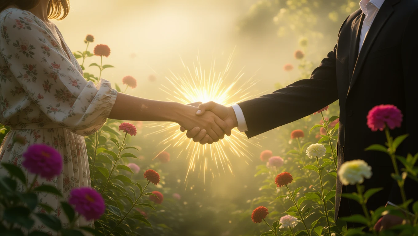 O mână feminină și una masculină se întâlnesc într-un câmp plin de flori, simbolizând noi începuturi și conexiuni.