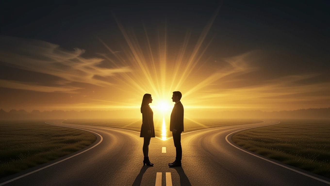 O siluetă de bărbat și femeie stând față în față pe un drum, în lumina soarelui răsărind.