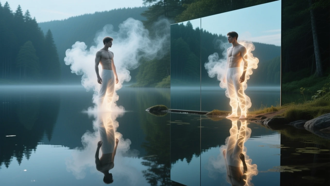 Un bărbat stă în fața unei oglinzi pe malul unui lac, învăluit în aburi misterioși, simbolizând introspecția și descoperirea de sine.