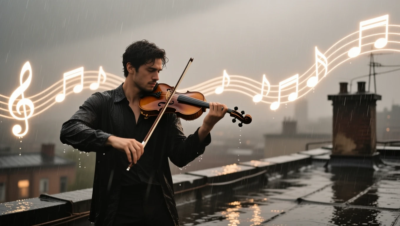 Un bărbat cântând la vioară pe un acoperiș, în ploaie, cu note muzicale în fundal.