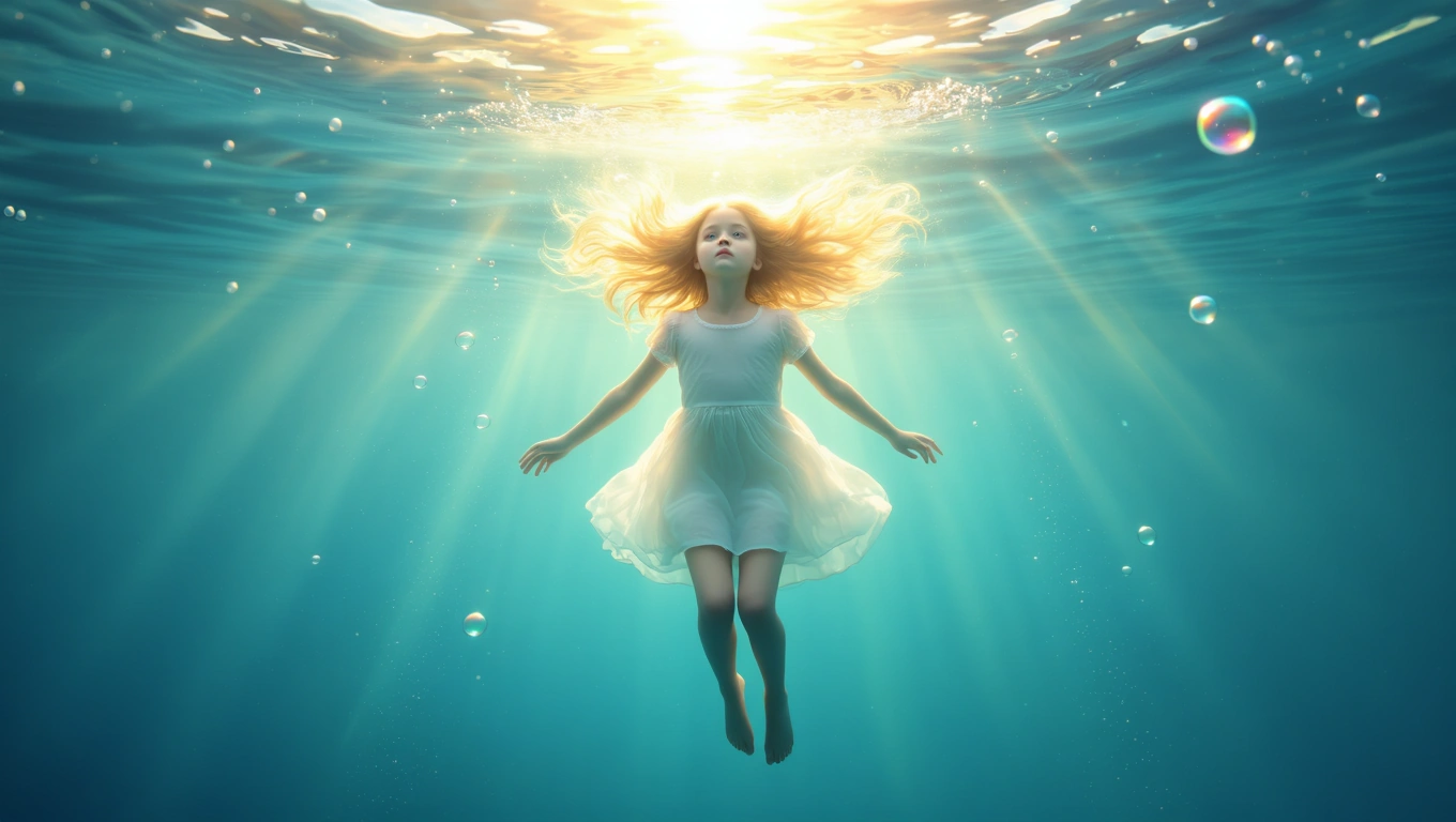 O fetiță blondă plutește sub apă, înconjurată de lumini strălucitoare și bule, simbolizând puritate și inspirație.