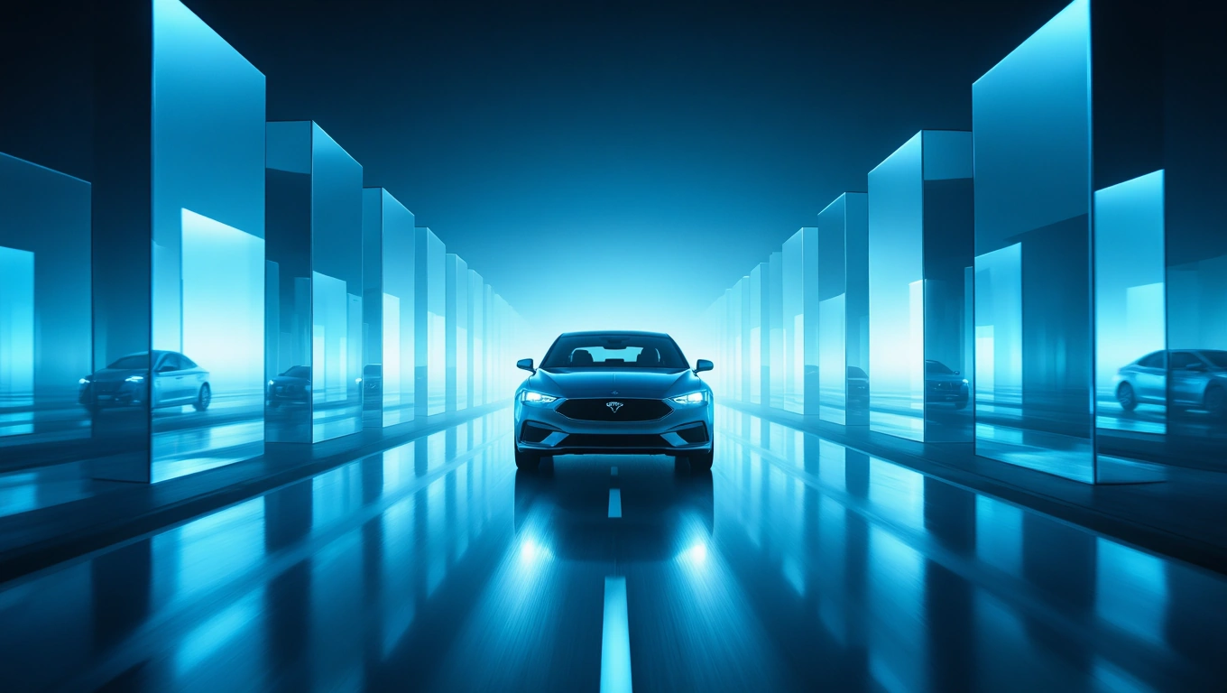 O mașină modernă se află pe un drum strălucitor, înconjurată de reflexii albastre.