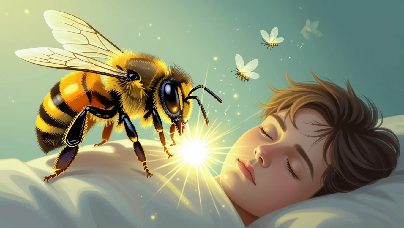 Un copil doarme liniștit în pat, înconjurat de albine care zboară în jurul său.