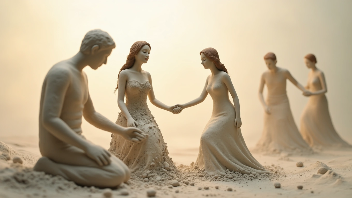 Figuri din lut reprezentând oameni care interacționează, simbolizând emoții și relații, în contextul viselor cu zombie.