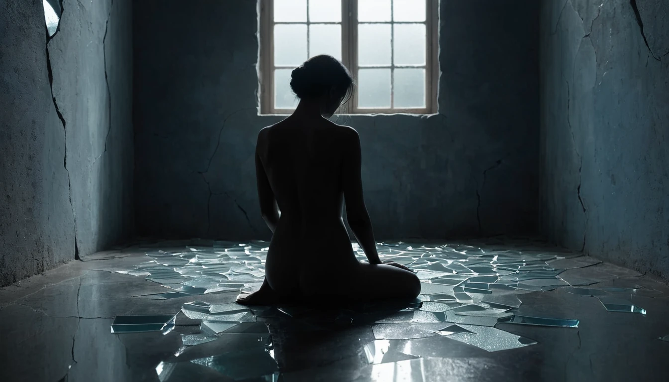 O siluetă feminină așezată pe podeaua acoperită cu cioburi de sticlă, într-o cameră întunecată, cu feronerie spartă.