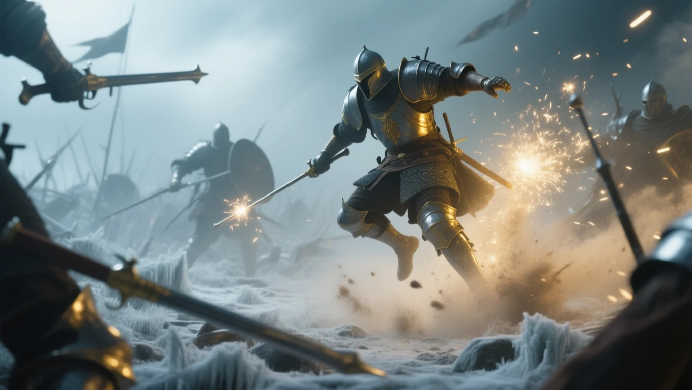 Un cavaler în armură strălucitoare luptă într-o bătălie intensă, cu scântei zburând în jurul său.