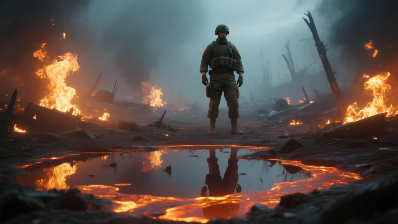 Un soldat stă pe un câmp de luptă devastat, înconjurat de flăcări și un peisaj apocaliptic, reflectând asupra conflictelor interioare.