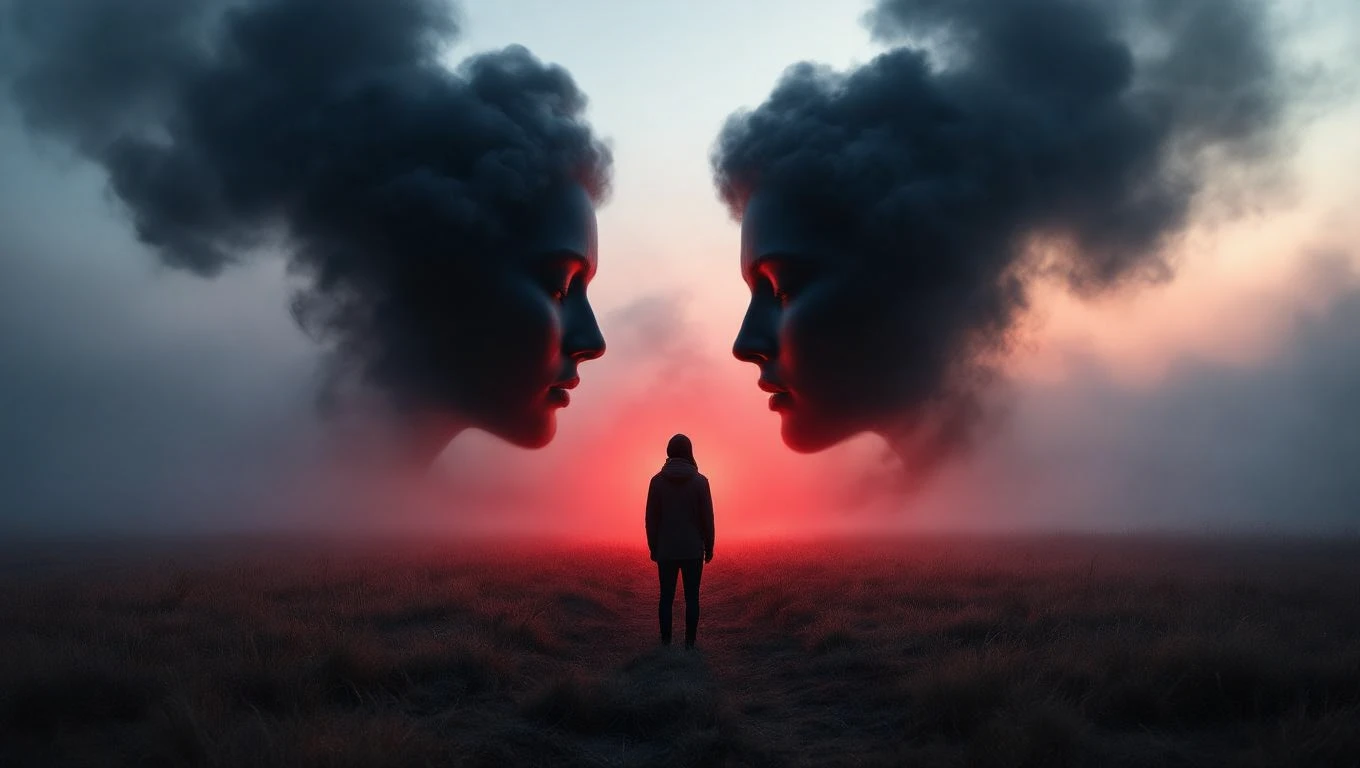 O siluetă umană stă în fața unor fețe uriașe din nori întunecați, simbolizând conflicte interioare și blesteme.