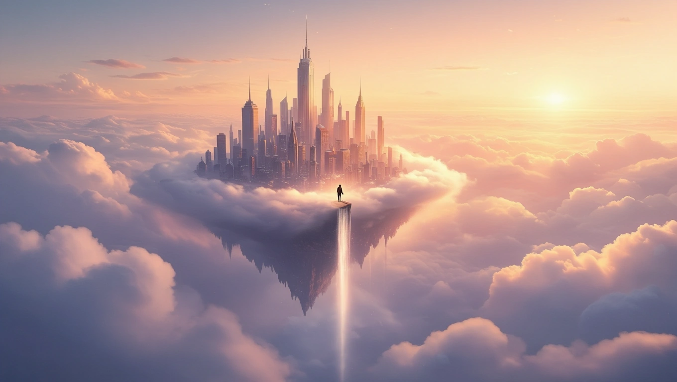 O persoană stă pe o margine de nori, privind un oraș futurist în depărtare, simbolizând temerile și eșecurile din vise.