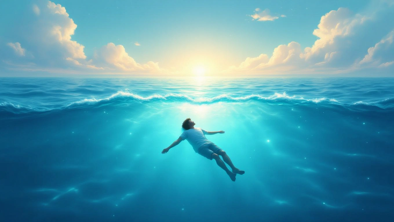 Un bărbat plutește pe apă, sub un cer senin, simbolizând relaxarea și eliberarea de temeri.