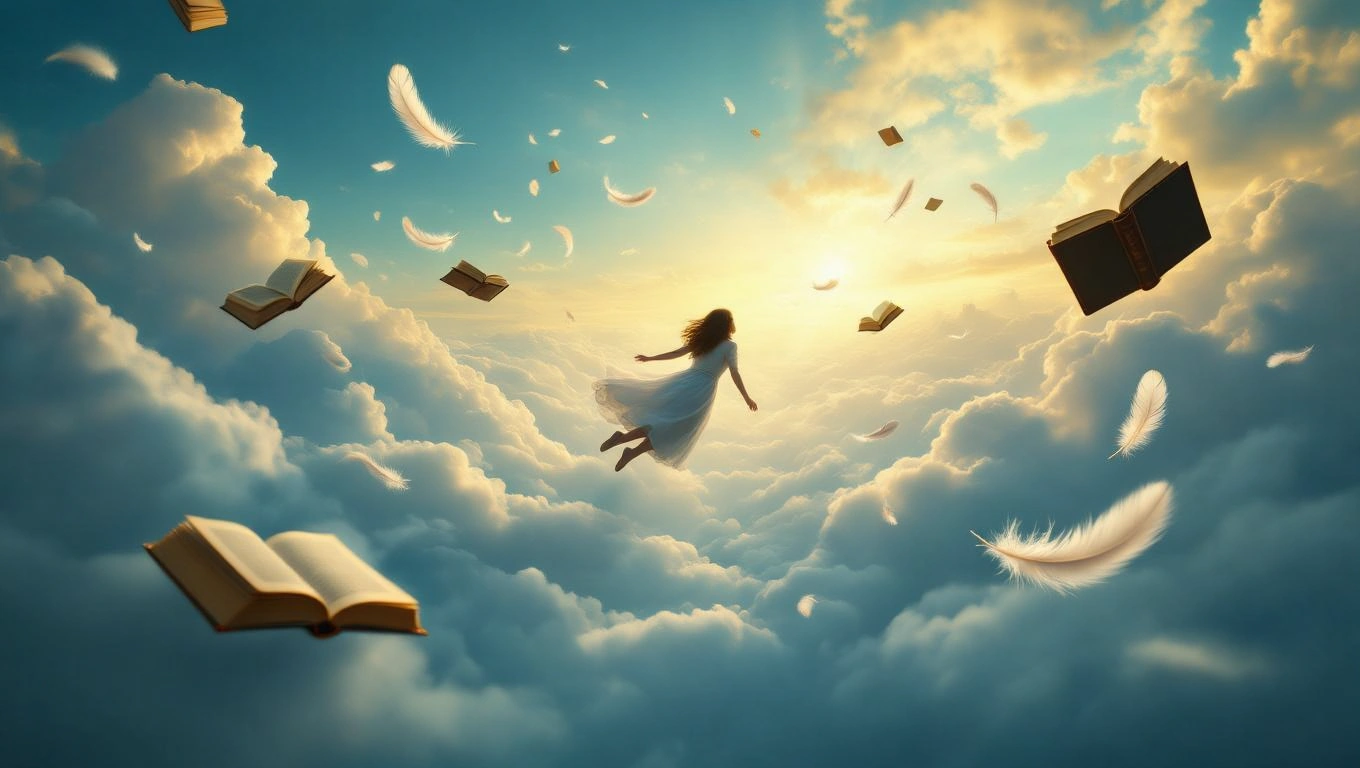 O fată îmbrăcată în alb plutește printre nori, înconjurată de cărți și pene, simbolizând visuri și învățare.