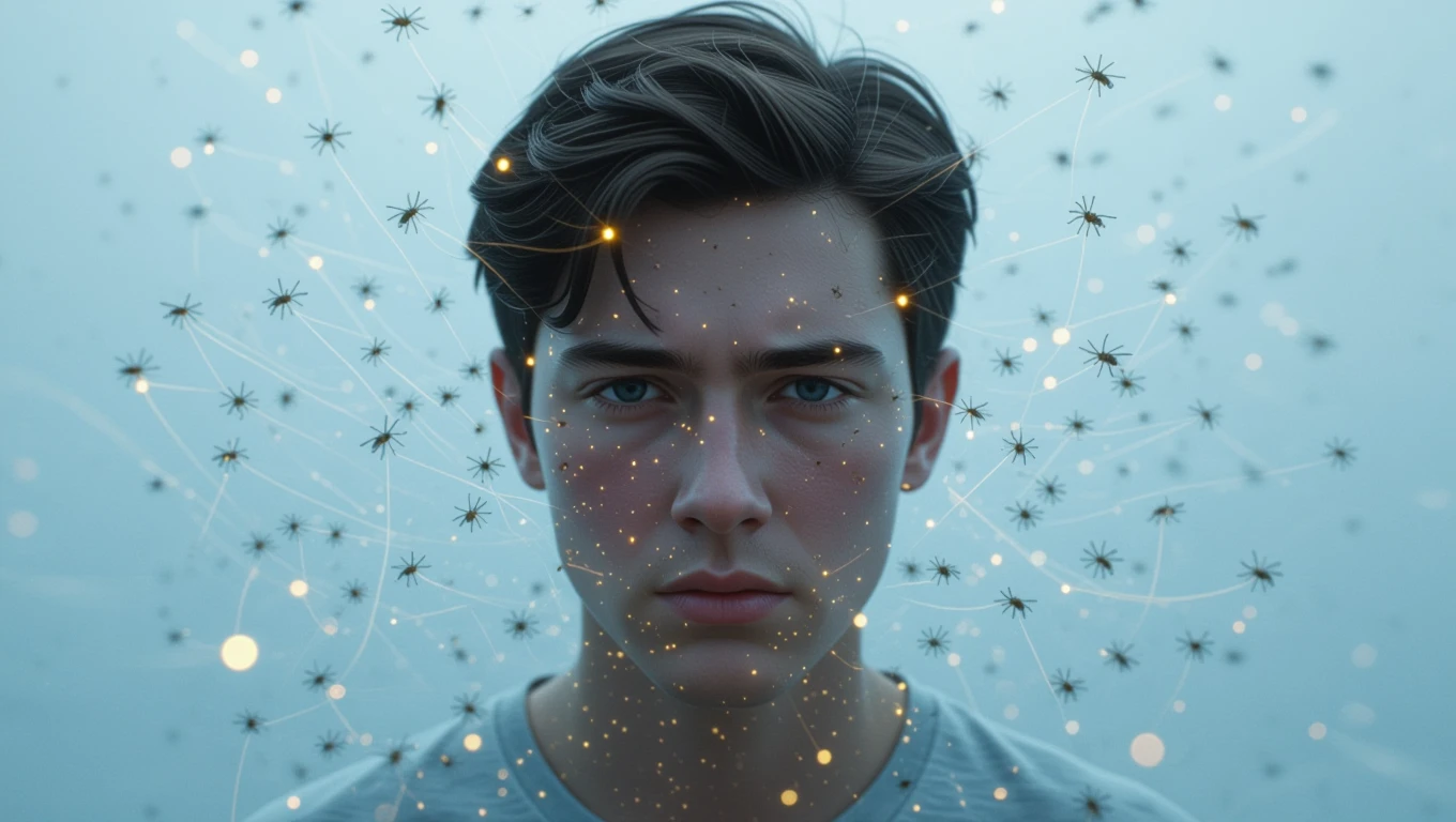 Un tânăr cu un chip expresiv, înconjurat de simboluri de mușcături și lumini, sugerând o stare de introspecție.