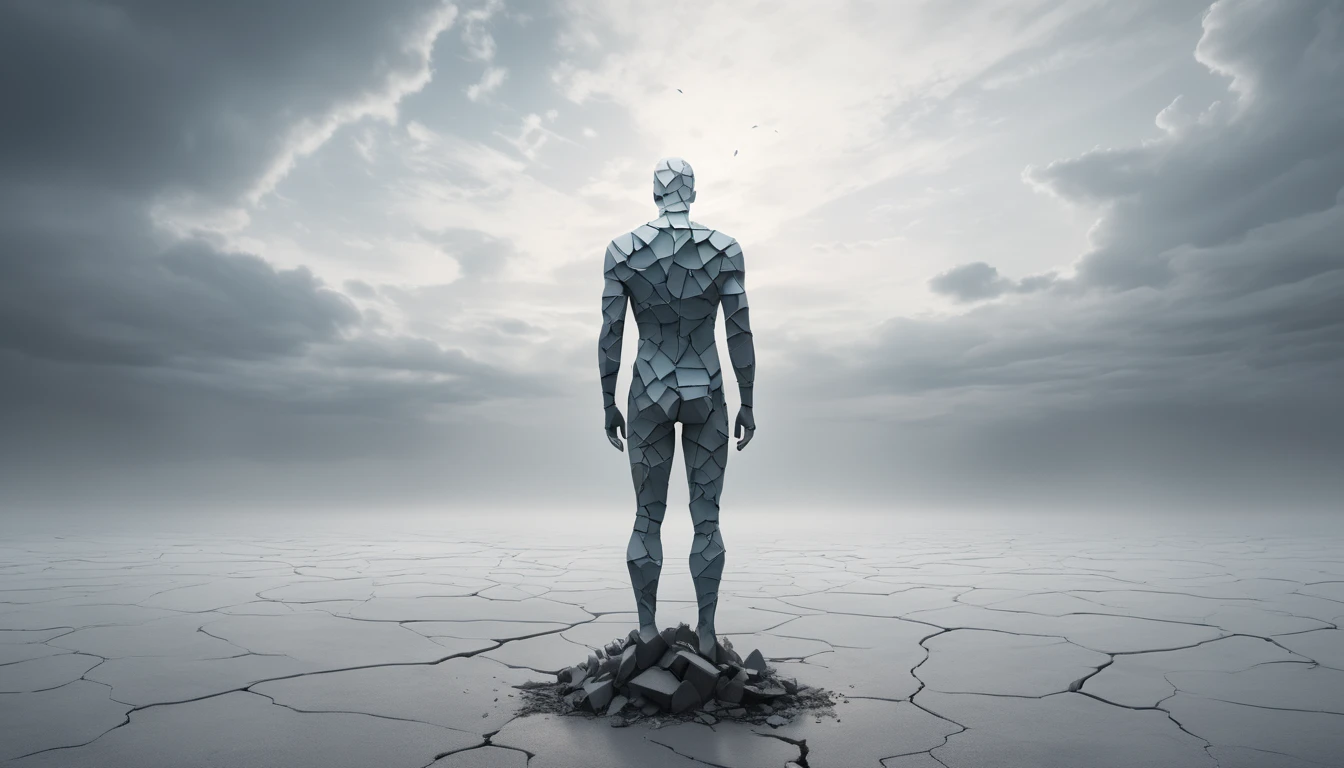 O figură umană abstractă, formată din bucăți, stă pe un teren crăpat, sub un cer întunecat.