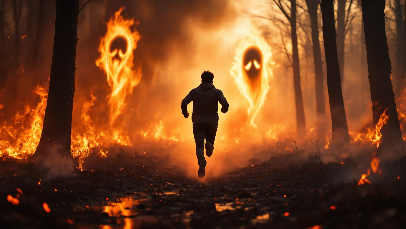 Un bărbat fuge printr-o pădure în flăcări, simbolizând frica și provocările din vise.