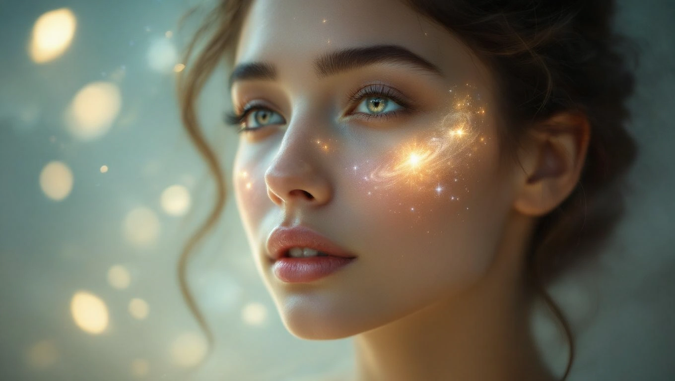 O față tânără cu pielea strălucitoare, decorată cu motive cosmice, simbolizând autenticitatea și imaginea de sine.