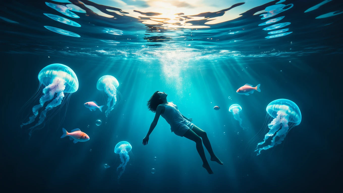 O persoană plutind în apă, înconjurată de meduze și pești, simbolizând emoții și transformări.