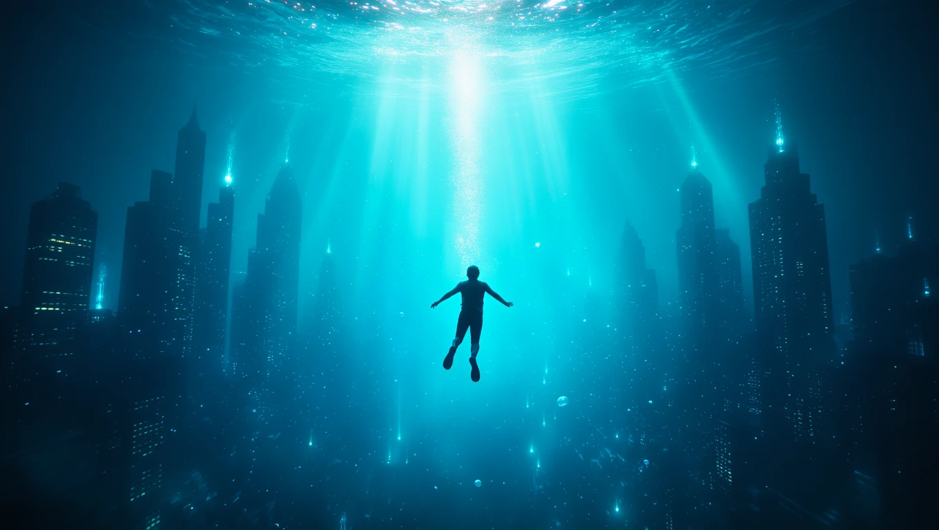 O persoană plutește sub apă, înconjurată de clădiri subacvatice, simbolizând emoții profunde și schimbări.