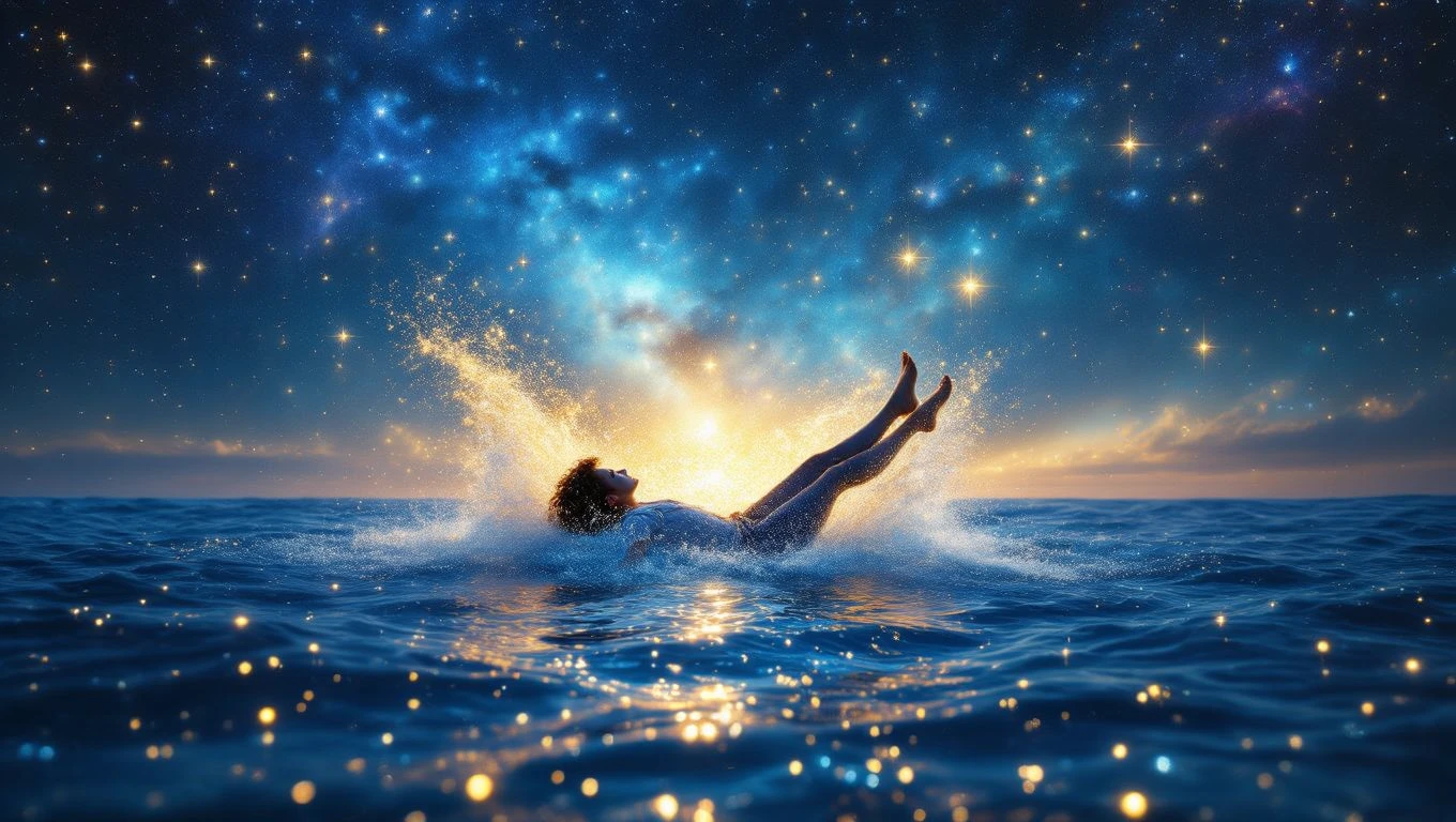 O persoană căzând în apă, înconjurată de un cer plin de stele și lumini strălucitoare, simbolizând emoții și transformări.