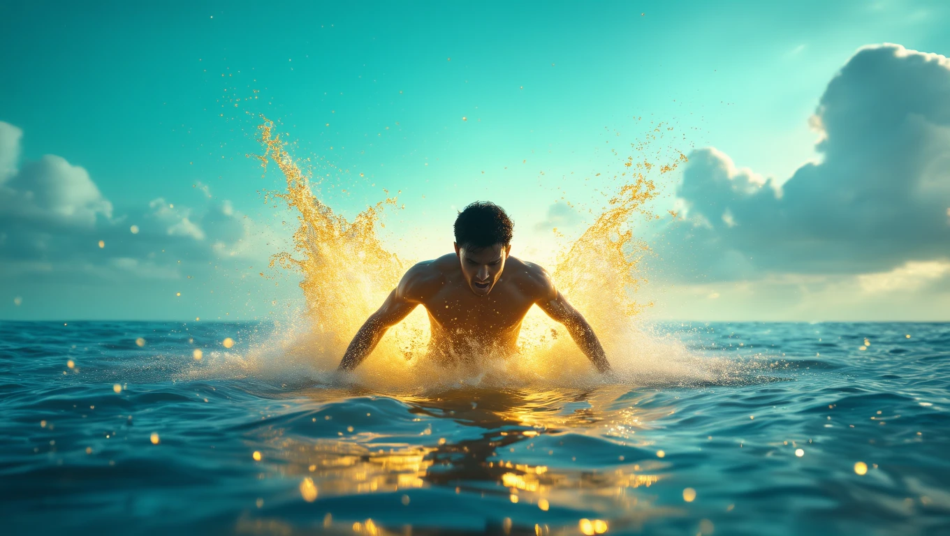 Un bărbat care sare în apă, generând stropi de apă strălucitoare sub un cer senin.