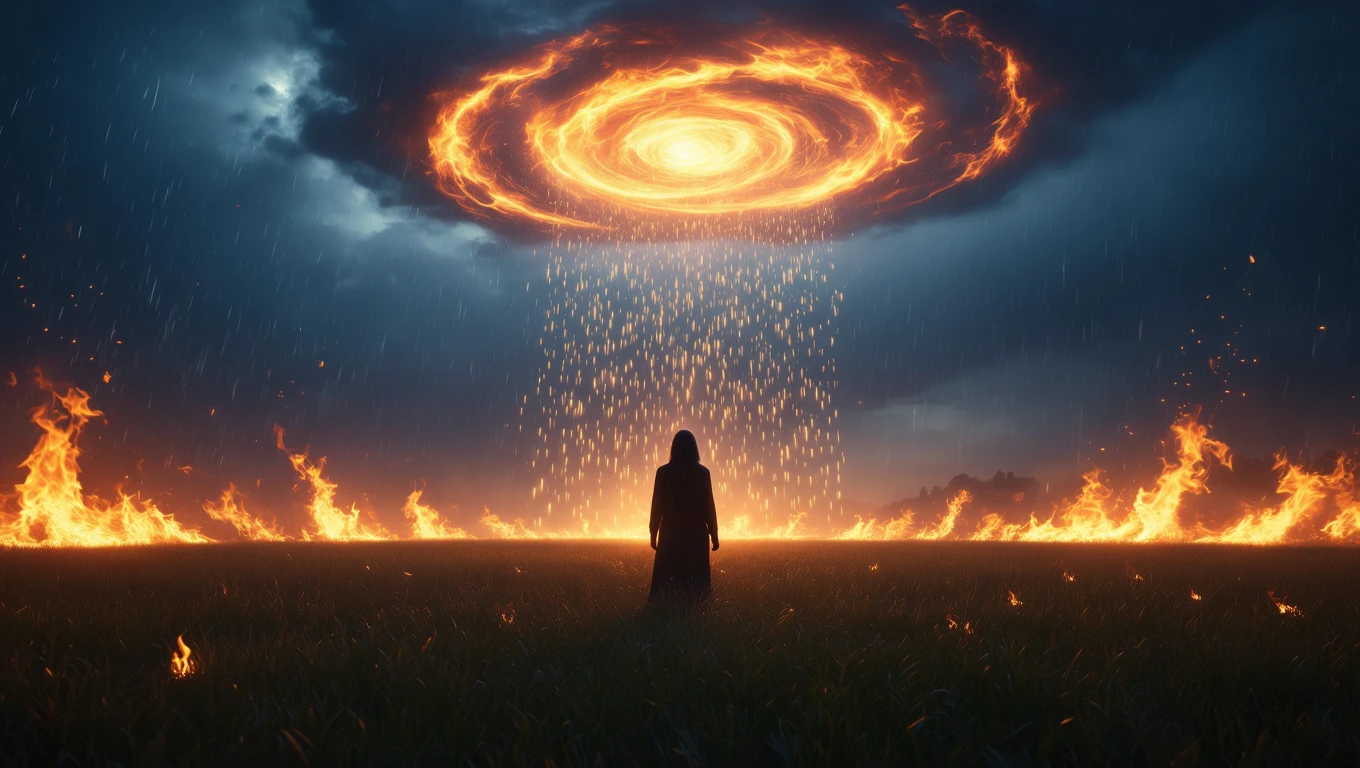 O persoană în fața unui peisaj dramatic cu foc și ploaie de scântei, simbolizând lupta cu emoțiile.