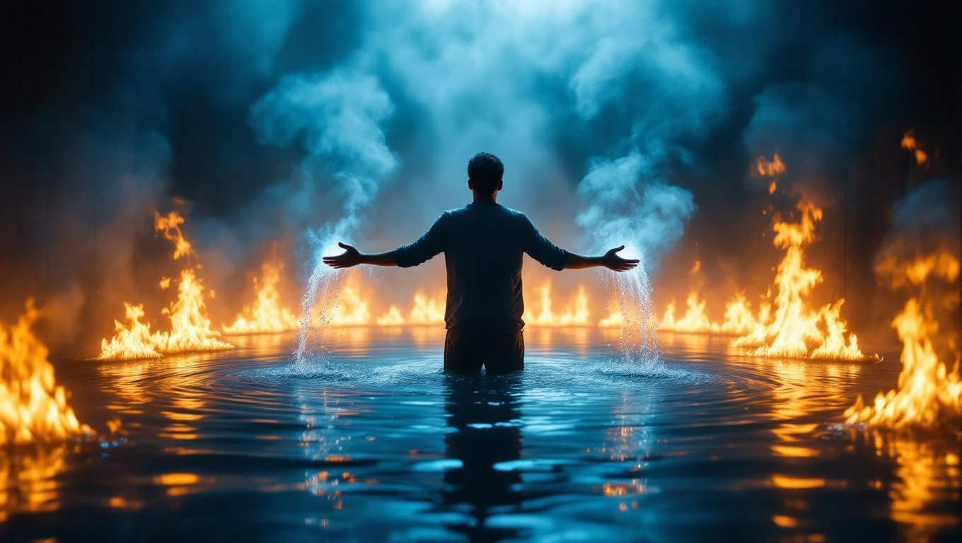 Un bărbat stă în apă, cu brațele întinse, înconjurat de flăcări, simbolizând curajul de a depăși obstacolele.