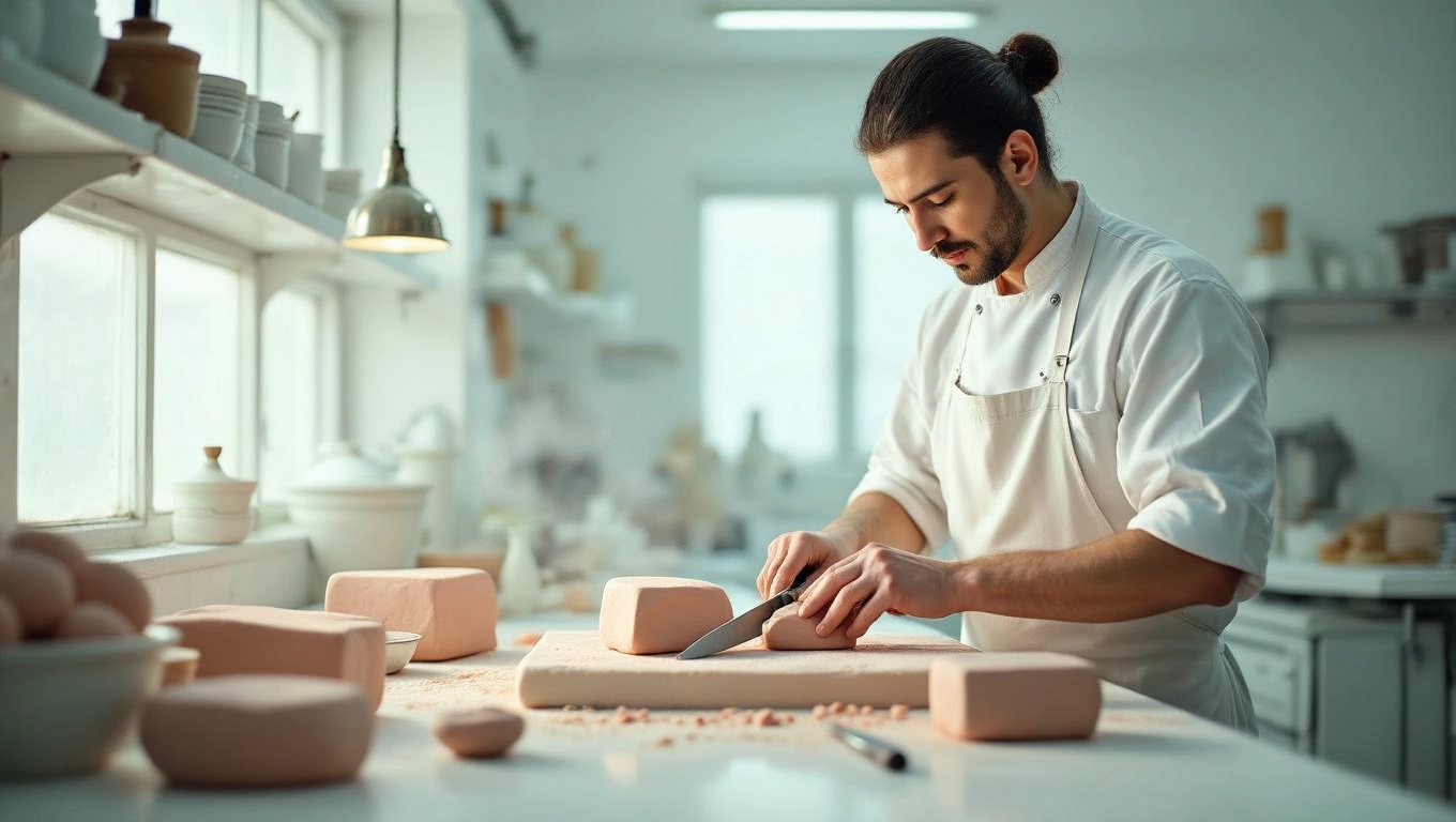 Un măcelar tânăr, îmbrăcat în uniformă, taie cu un cuțit un bloc de carne pe o masă de lucru, înconjurat de ustensile de bucătărie.
