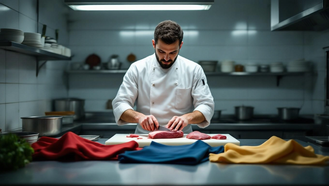 Un măcelar tânăr, îmbrăcat în uniformă albă, taie carne pe o masă de lucru într-o bucătărie modernă.