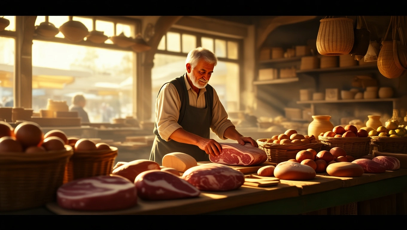 Un măcelar în vârstă, îmbrăcat în haine tradiționale, pregătește carne într-un magazin plin de produse proaspete.