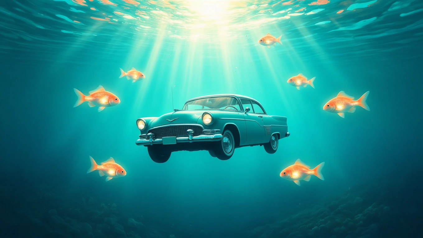 O mașină clasică plutind sub apă, înconjurată de pești aurii, simbolizând călătoria și alegerile din viață.