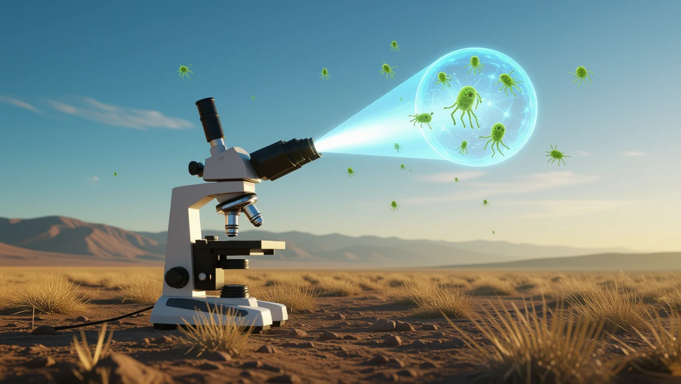 Un microscop pe un fundal de peisaj arid, proiectând imagini ale microorganismelor.