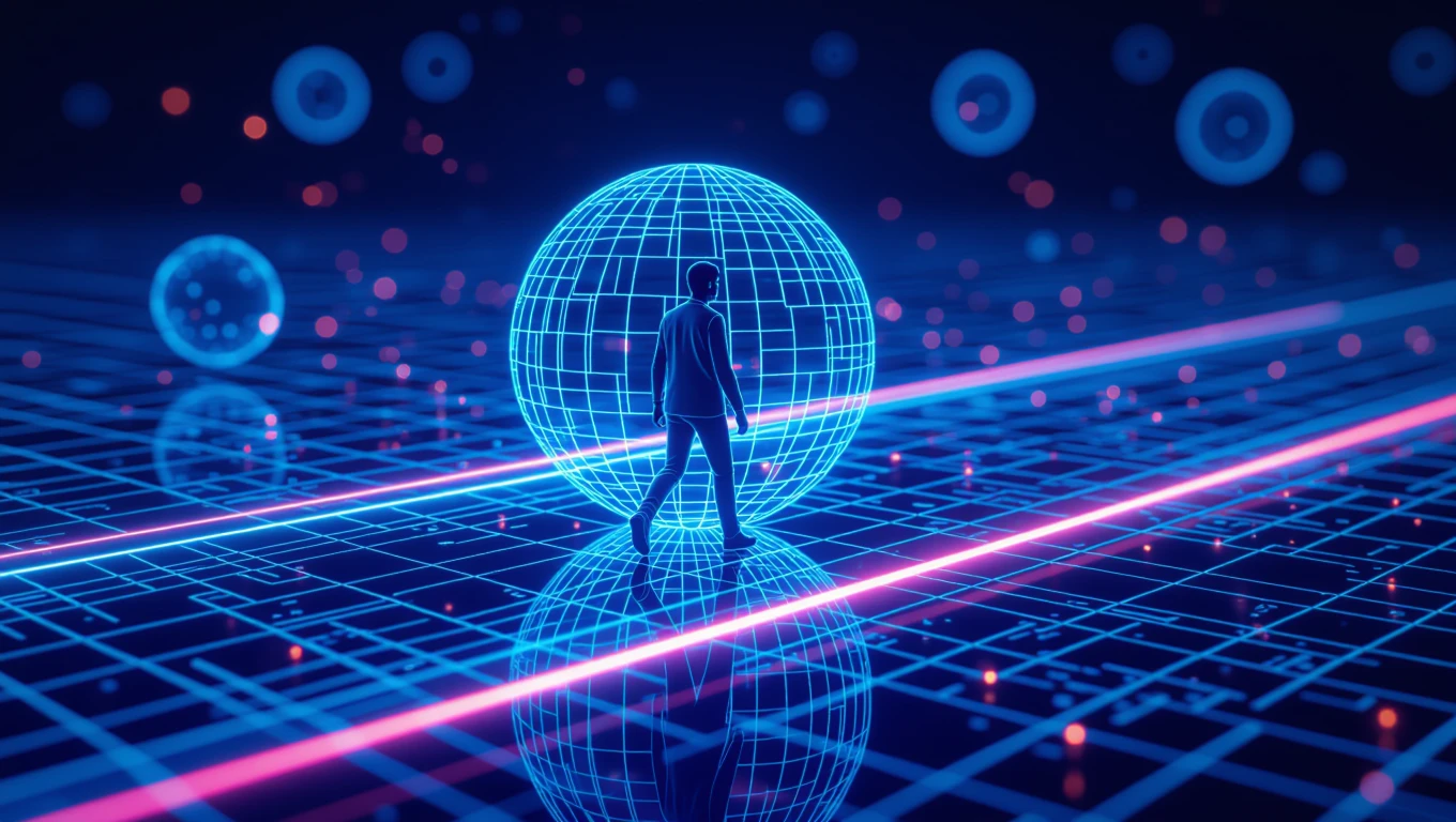 O siluetă umană stă pe o suprafață digitală, înconjurată de o sferă luminoasă, simbolizând analiza detaliilor și descoperirea adevărului.