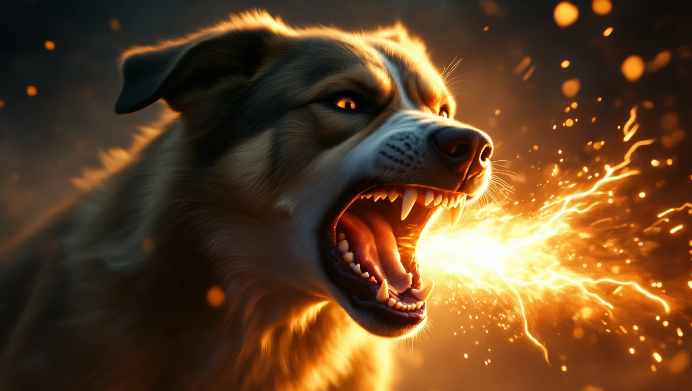 Un câine cu dinți ascuțiți, lătrând furios, emanând o energie intensă.