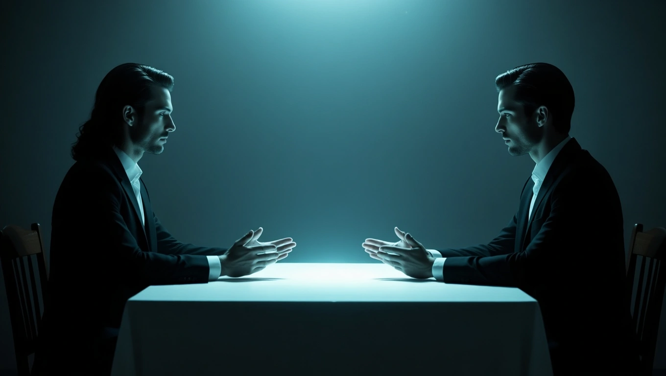 Doi bărbați îmbrăcați elegant stau față în față la o masă, discutând intens.