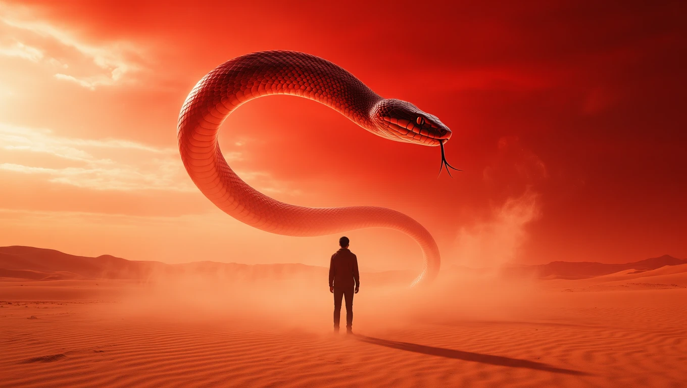 Un bărbat stă în fața unei vipere uriașe, într-un peisaj deșertic roșu, simbolizând fricile interioare.