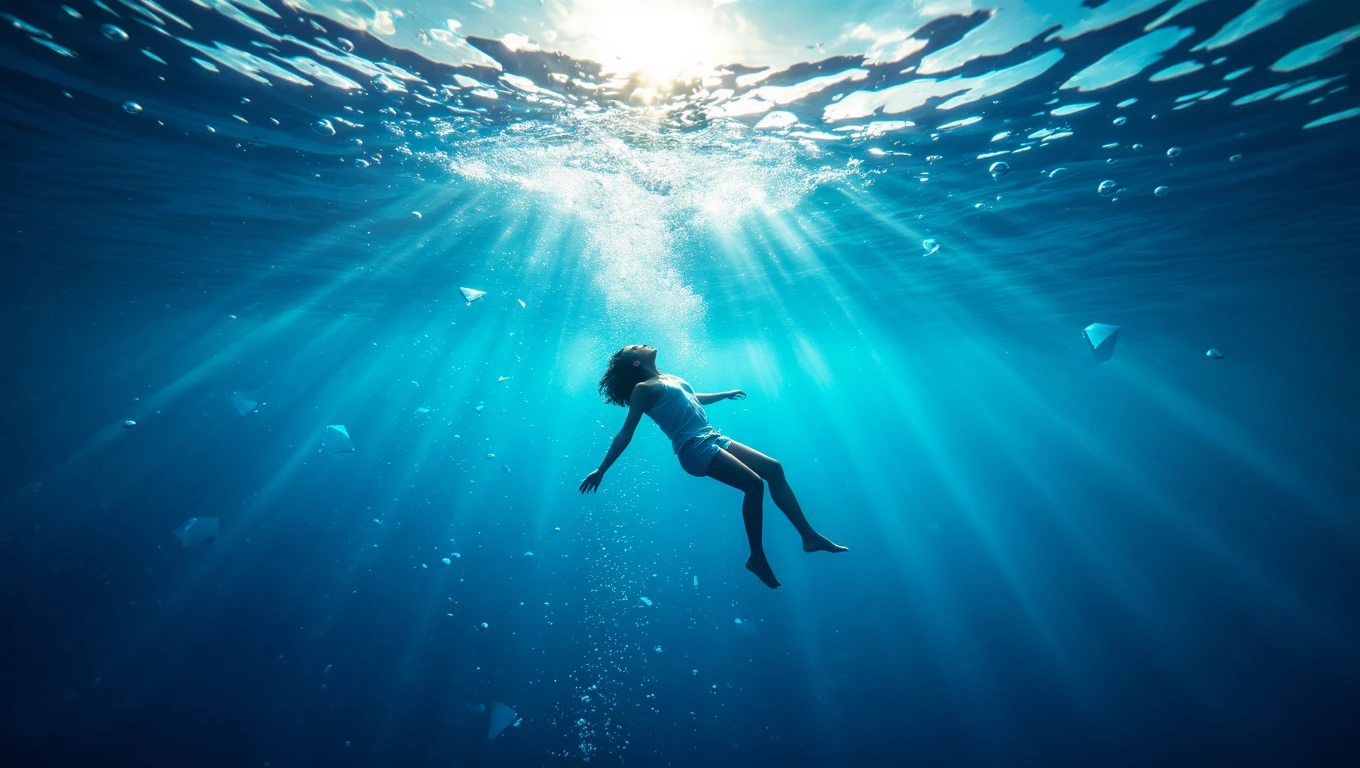 O persoană plutind sub apă, înconjurată de raze de soare și bule de aer, simbolizând emoții profunde și schimbare.