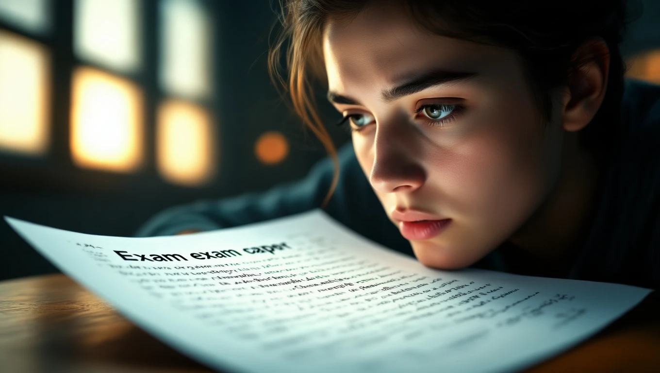 O tânără studiază cu atenție un document de examen, reflectând asupra provocărilor vieții.