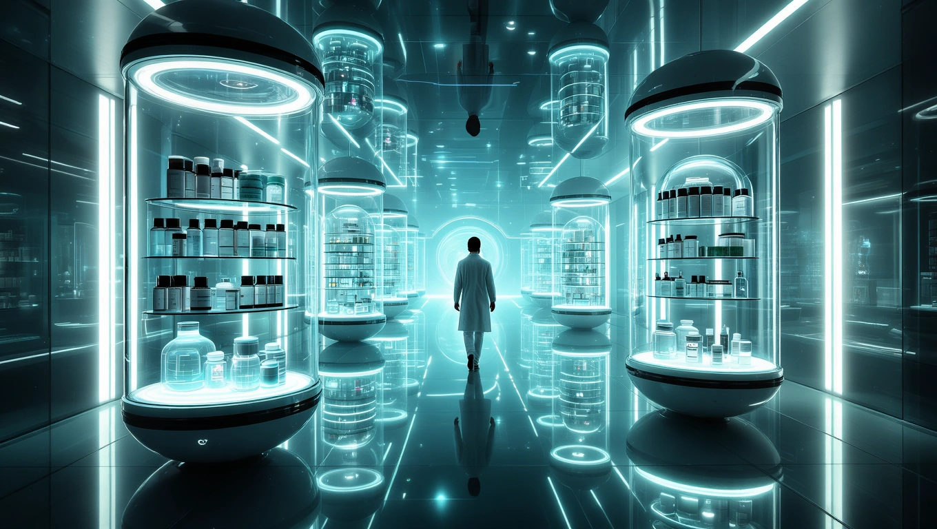 Un laborator futurist cu rafturi de medicamente iluminate, simbolizând căutarea vindecării și echilibrului în viață.