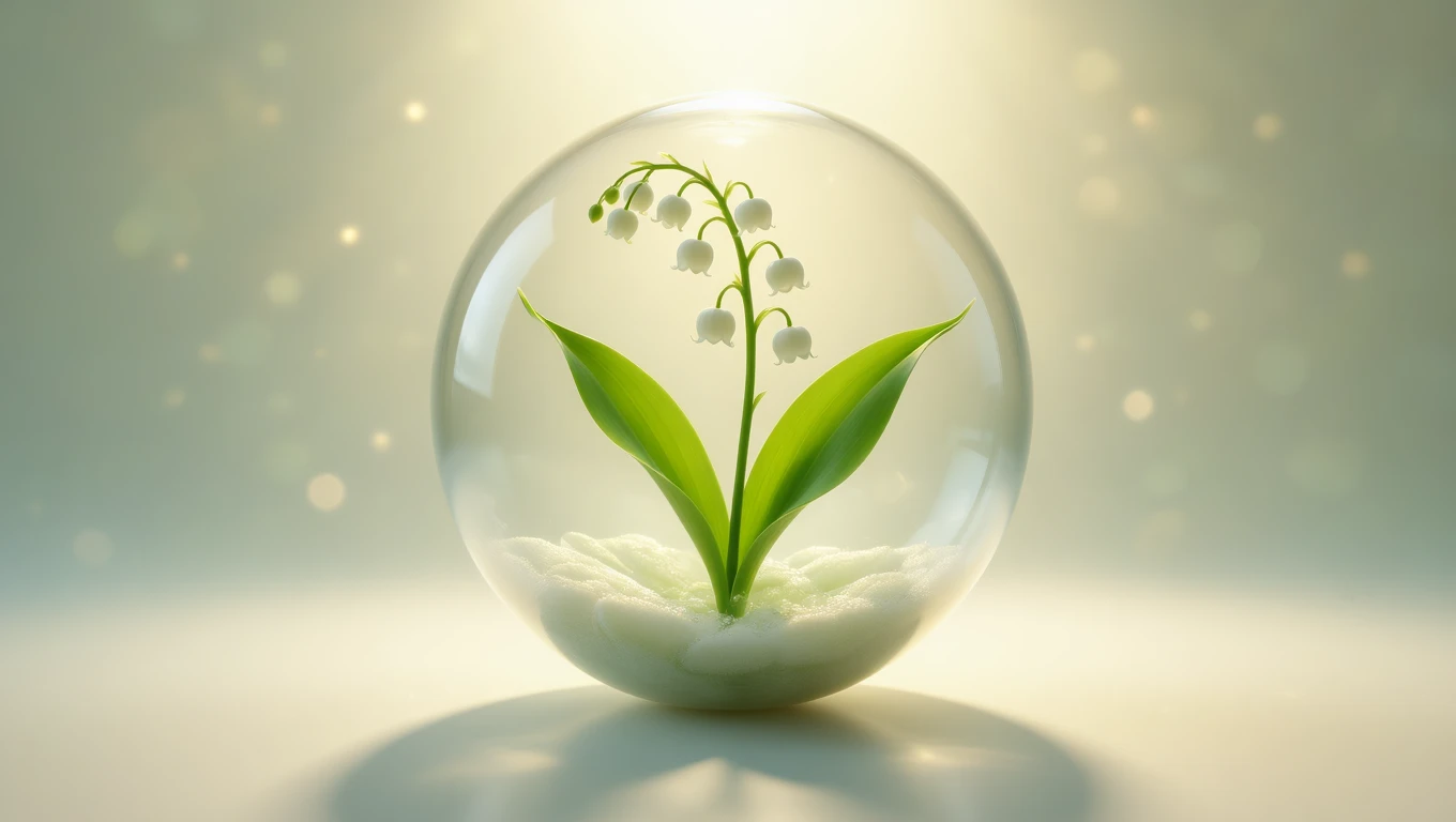 O lăcrămioară delicată, învăluită într-o sferă de sticlă, simbolizând puritatea și noi începuturi.