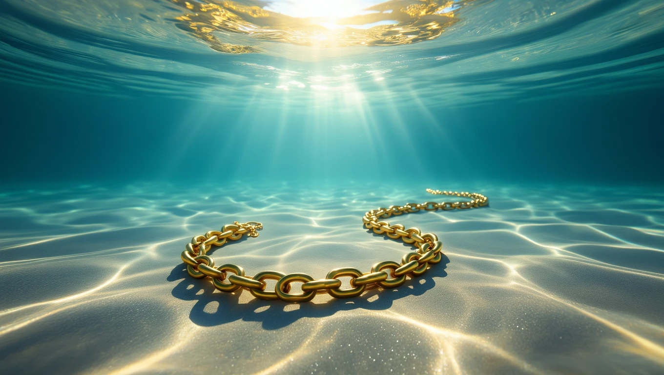 Un lanț de aur strălucitor, așezat pe fundul apei, simbolizând legături puternice și valoare personală.