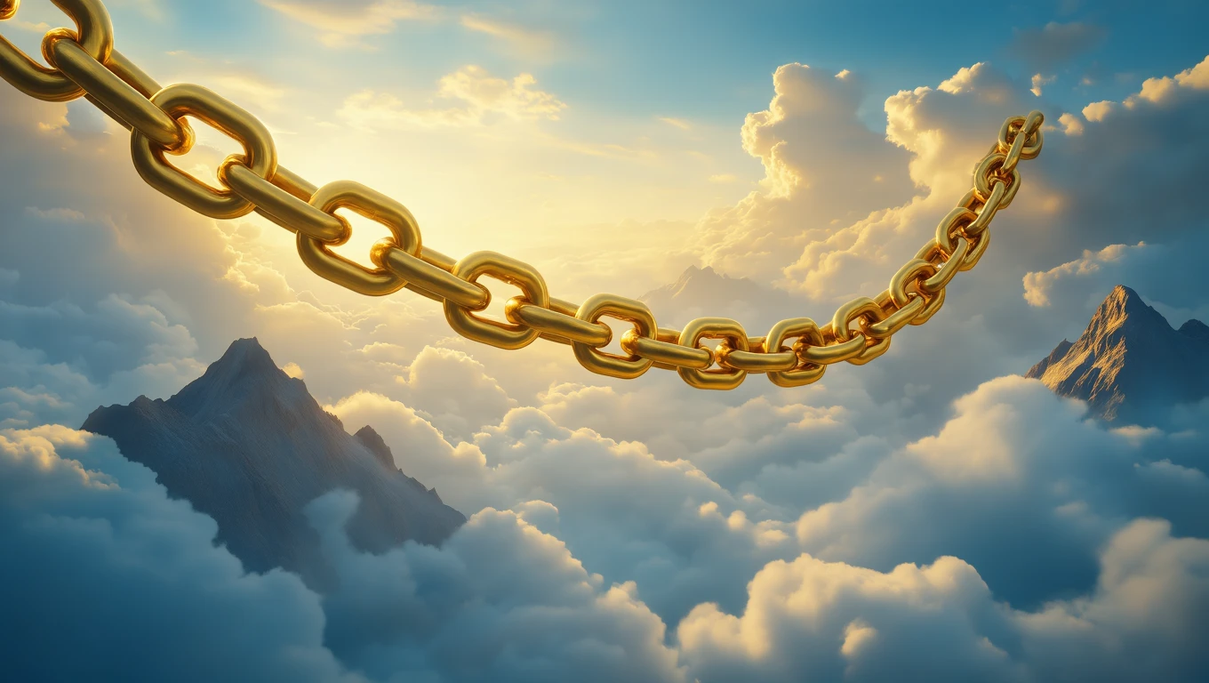 Un lanț de aur strălucitor suspendat între nori, simbolizând legături puternice și oportunități.