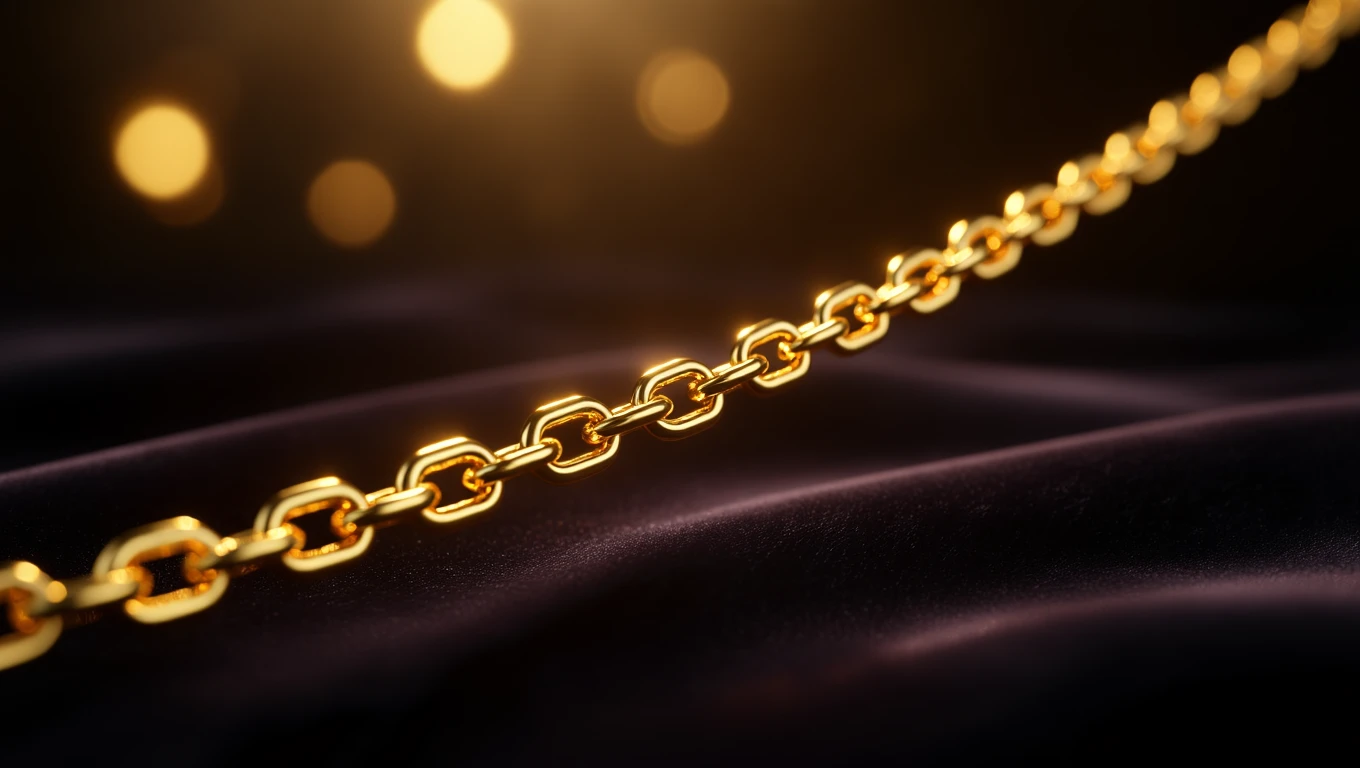 Un lanț de aur strălucitor așezat pe o țesătură de catifea, simbolizând legături puternice și valoare personală.