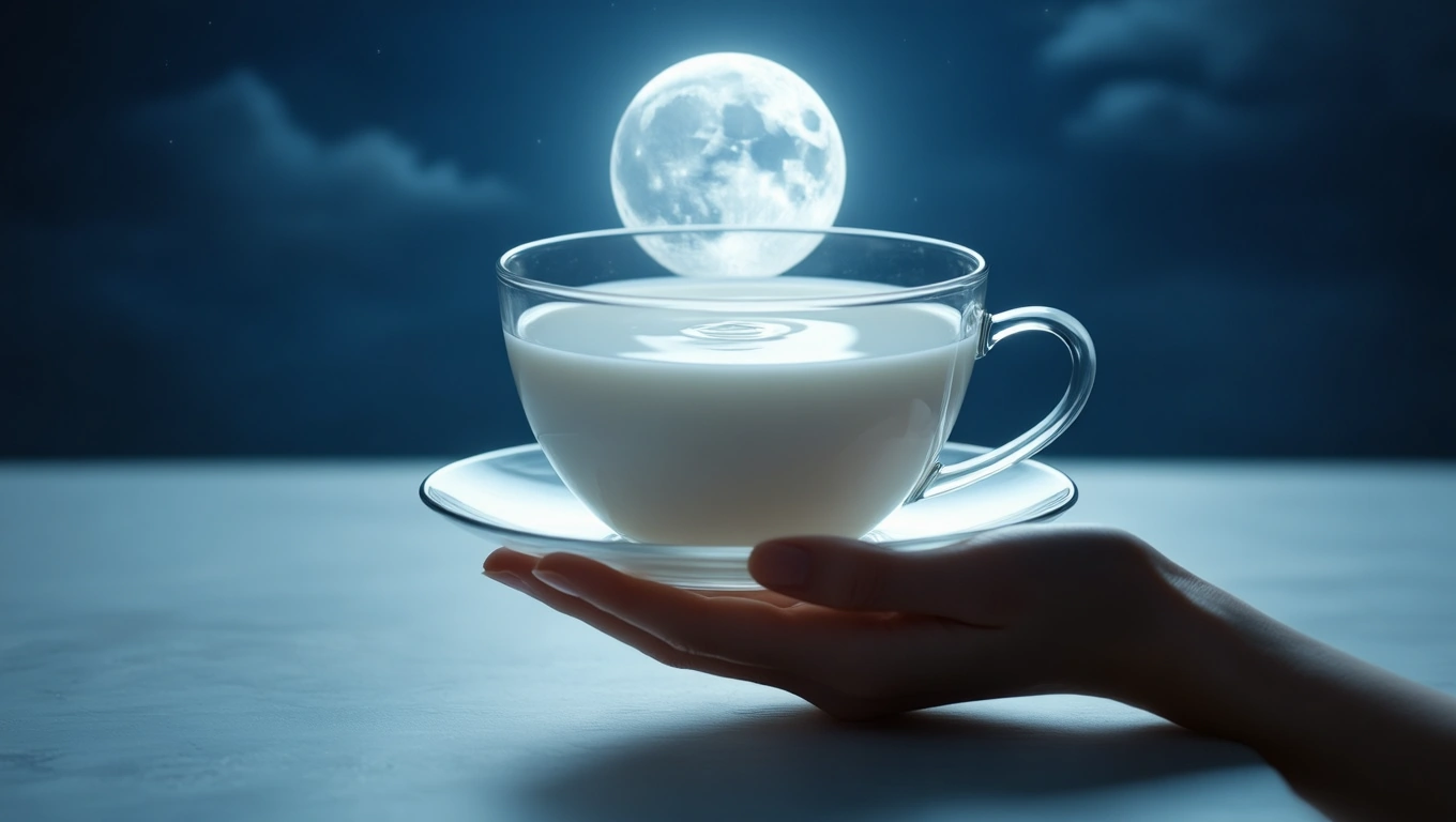 O cană de lapte alb, ținută cu o mână, sub lumina lunii pline pe un fundal întunecat.