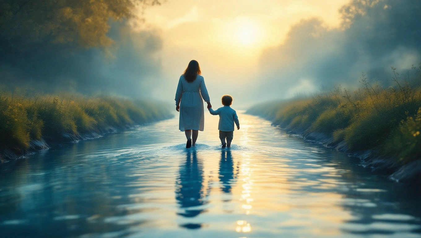 O femeie și un copil merg pe un râu liniștit, simbolizând legătura familială și protecția, reflectând dorința de a oferi grijă.