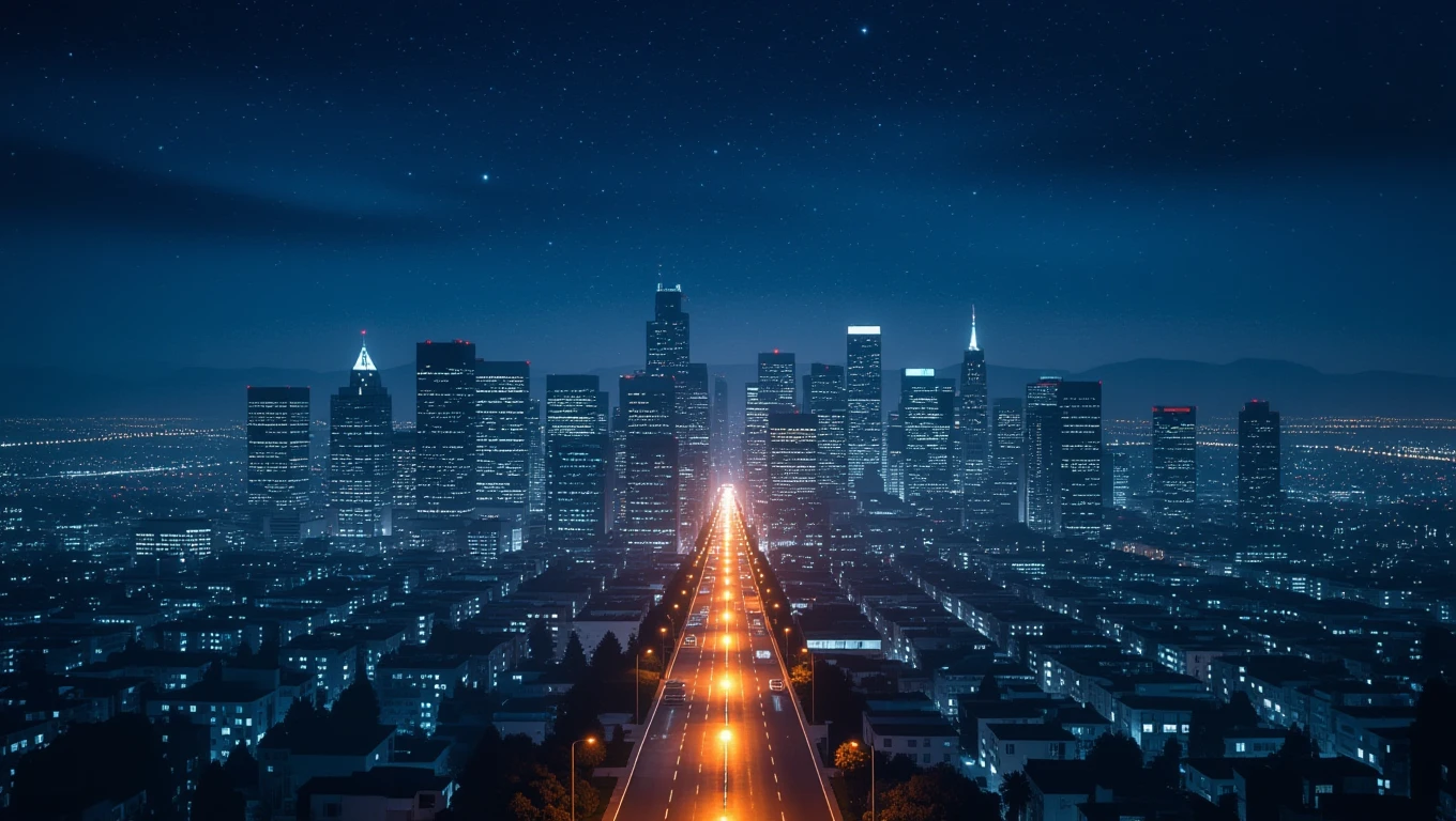 O panoramă nocturnă a unui oraș iluminat, cu străzi luminate și clădiri înalte, simbolizând speranța și noi începuturi.