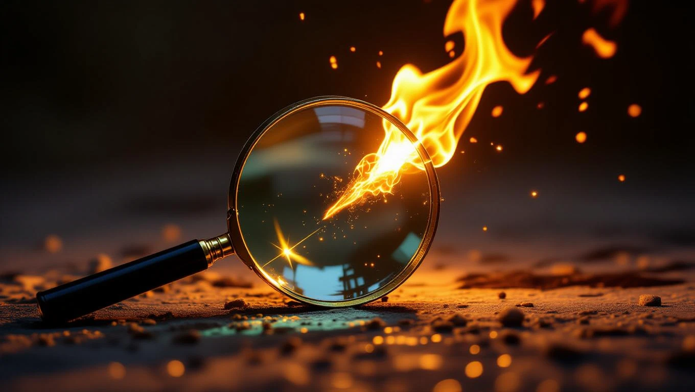 O lupă cu flăcări care emană o lumină strălucitoare, simbolizând căutarea adevărului și a detaliilor ascunse.