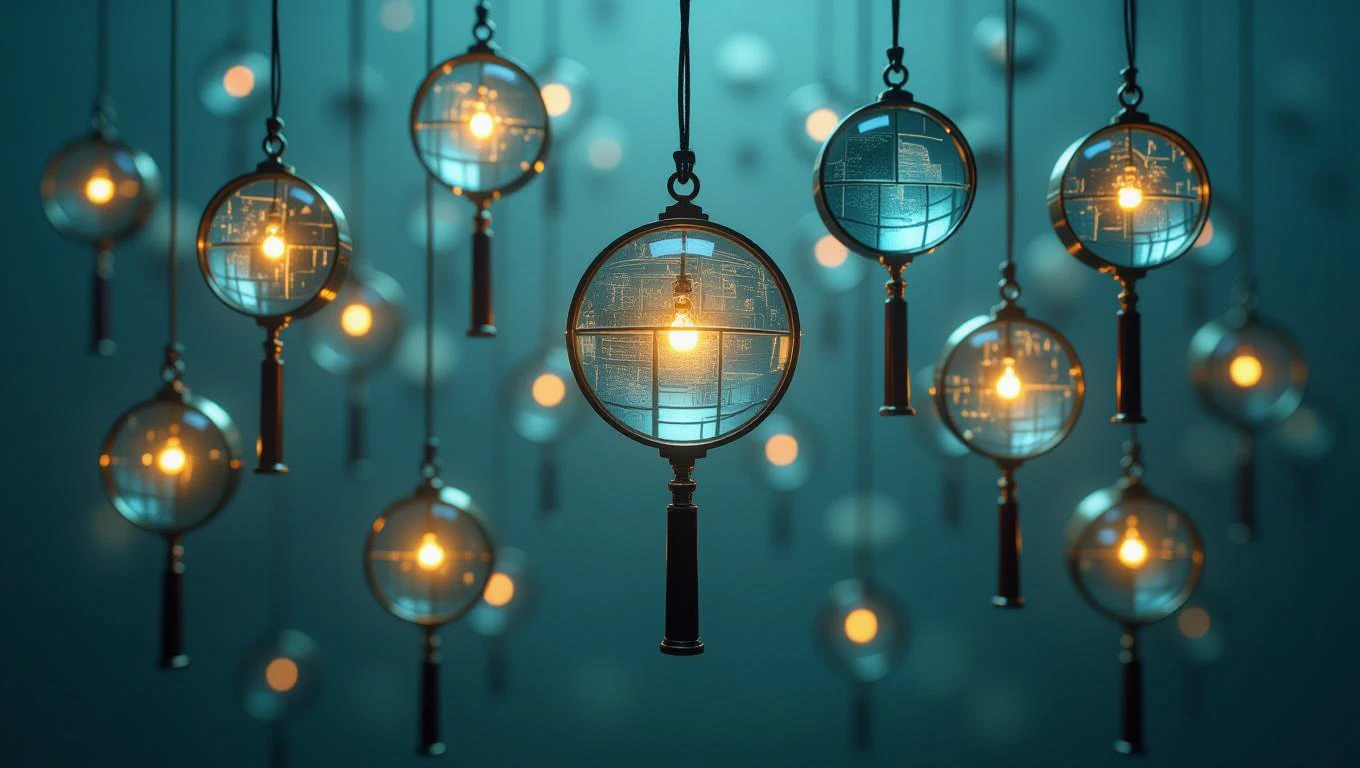 O serie de lupă suspendate, fiecare cu o lumină strălucitoare în interior, simbolizând explorarea detaliilor din viață.