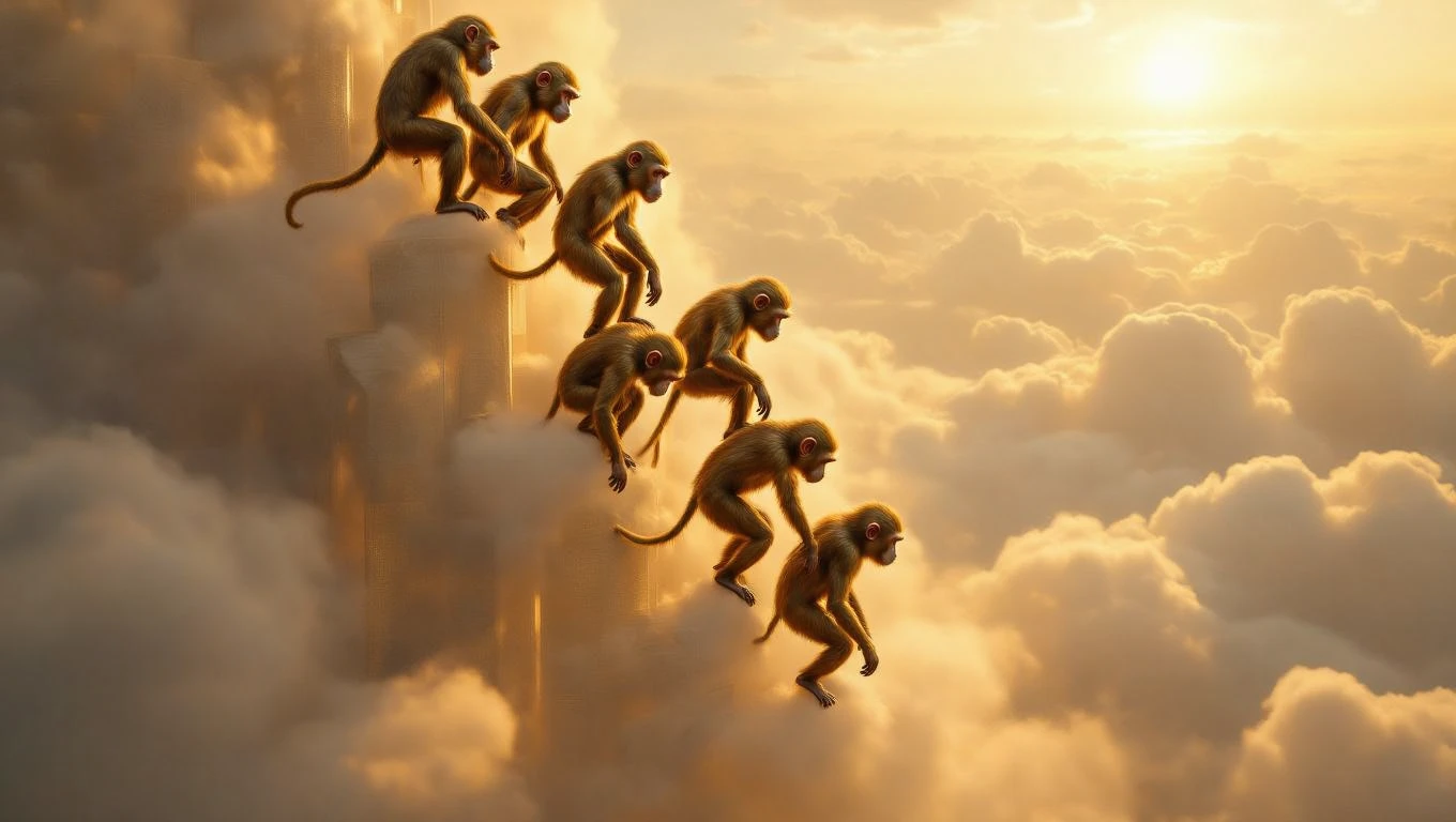 Un grup de maimuțe stă pe un vârf de clădire, înconjurate de nori, simbolizând curiozitatea și spontaneitatea visurilor.