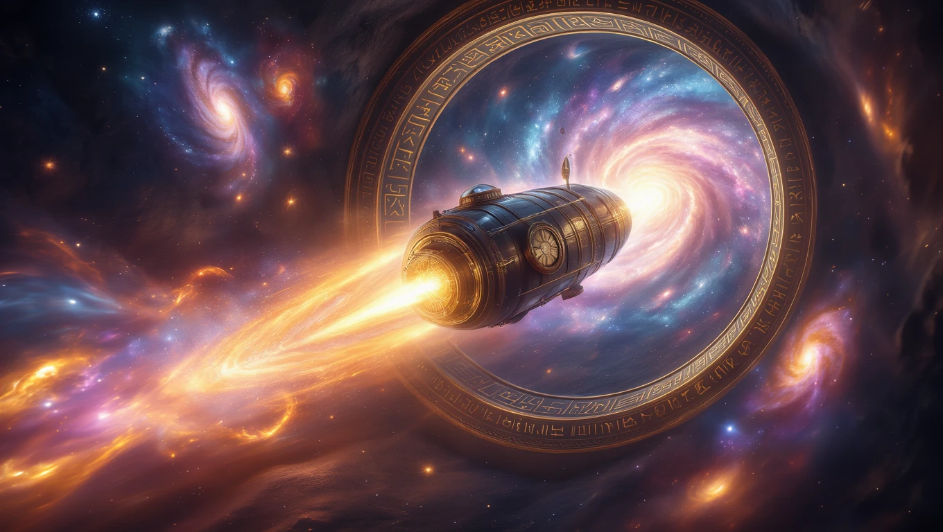 O mașină a timpului zburând printr-un portal cosmic, simbolizând explorarea timpului și dorința de schimbare.