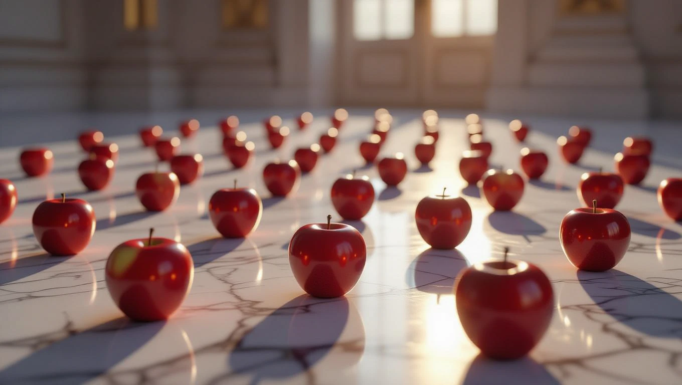 O mulțime de mere roșii strălucitoare așezate pe un fundal de marmură, simbolizând oportunități și tentații în vise.